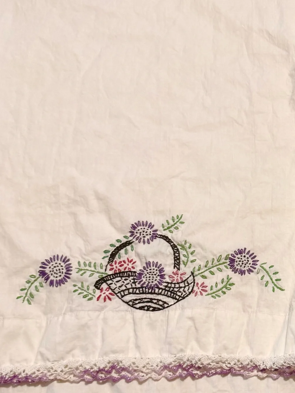 4 vintage pillowcases - embroidered floral queen size- crochet trim, cool colors